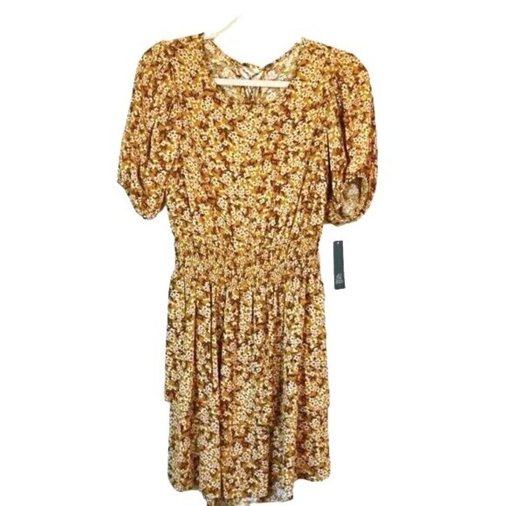 NWT Yellow Floral Dress Open Back Short Sleeve Layered Skirt Medium